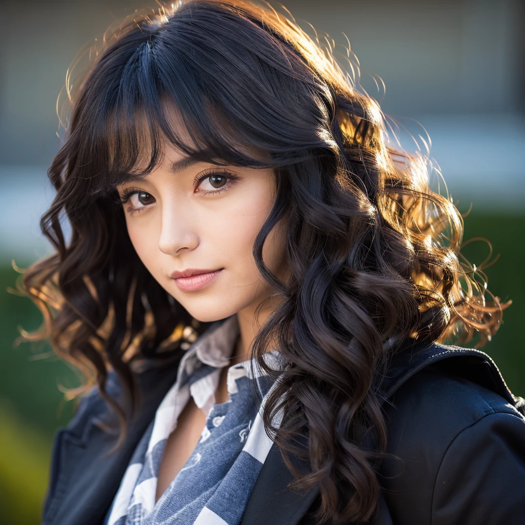 arafed woman with long black hair and a black jacket, franja Crespo, asian face, her face framed with curls, detailed face of an Asian girl, messy cabelo Crespo, cabelos negros cacheados, longos curled hair pretos selvagens, Crespo, no makeup wavy hair, com longos curled hair, curly dark hair, curled hair, cabelo Crespo, small lips, pointy nose