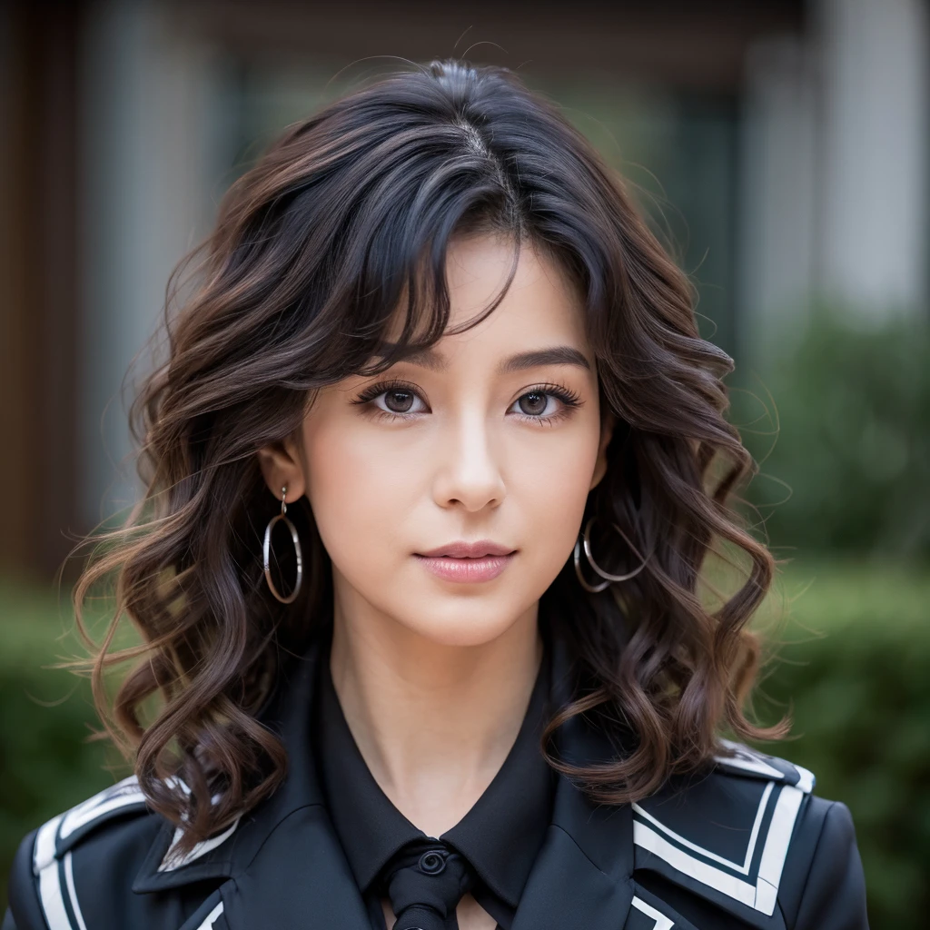 arafed woman with long black hair and a black jacket, franja Crespo, asian face, her face framed with curls, detailed face of an Asian girl, messy cabelo Crespo, cabelos negros cacheados, longos curled hair pretos selvagens, Crespo, no makeup wavy hair, com longos curled hair, curly dark hair, curled hair, cabelo Crespo, small lips, pointy nose