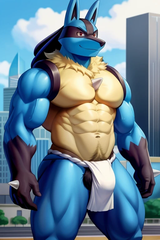 Lucario ,uploaded on e621, Only , man , muscular ben , macro is the city, naked, correct anatomy, beautiful is the chest, huge pecs, bezel with vein, a big muscular butt, defined shape abs, defined body, whole body ,used a very tight and transparent Fundoshi showing a little of his member , on the way to the bank, he touched himself on top of his fundoshi and his member, His crotch is full of beautiful pubes , Whole body
