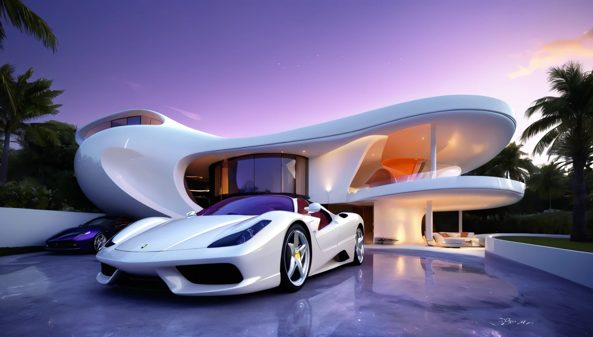 a futuristic house with a white Ferrari testarossa parked in front of it, cgsocietywlop, beautiful curves, intricate devilish designs, qualia, interesting shapes & form, wow factor, elaborate polished, architectural rendering, miami, bioluminescent, colorfull, glow fluid, purple and orange soft lighting in interior of house, futuristic battlefield, inspired by James E. Brewton, precise architectural rendering