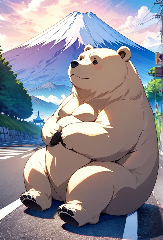 Plump giant bear hybrid, They are sitting on the road below Mount Fuji and causing trouble.., Beautiful Mount Fuji background, Small model, The bear is bigger than Mount Fuji., Fantasy art, 2.5D, delicate and dynamic, Cute rough pastel effect