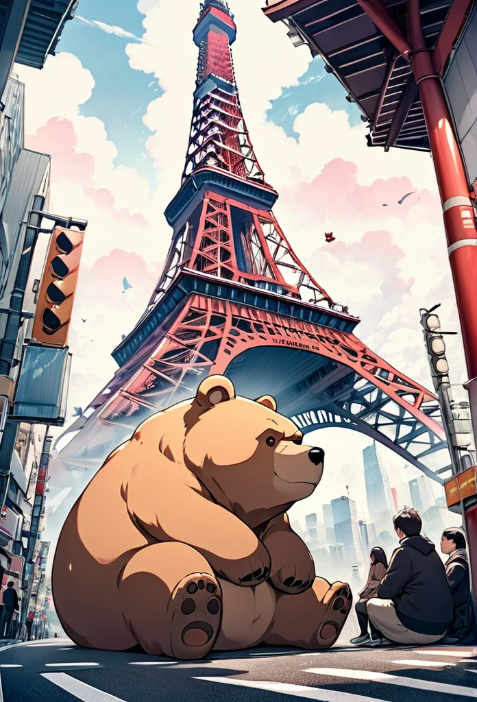 Plump giant bear hybrid, People are sitting on the road under Tokyo Tower, causing a nuisance.., Big Tokyo Tower background, Small model, The bear is bigger than Tokyo Tower., Fantasy art, 2.5D, delicate and dynamic, Cute rough pastel effect