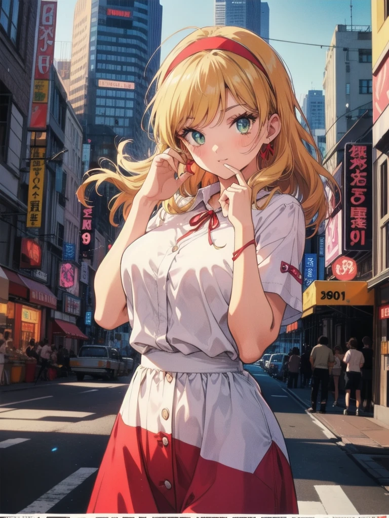 (RED Ribbon on HAIRband:1.2),(80's, retro, city pop poster:1.5), (album cover), (masterpiece, best quality), (anime, illustration),
best photo pose, dynamic angle, cowboy shot,
girl, solo, 80 anime style, 19 year old Russian girl, blonde girl, shoulder height hair, Bangs, Smoking a cigarette, Wearing a white button-down shirt, short sleeves , and a red skirt, Warzone, Green eyes, large breasts, wide hips, perfect detail eyes, delicate face, RED eyes, blonde hair, hoshimiya ichigo