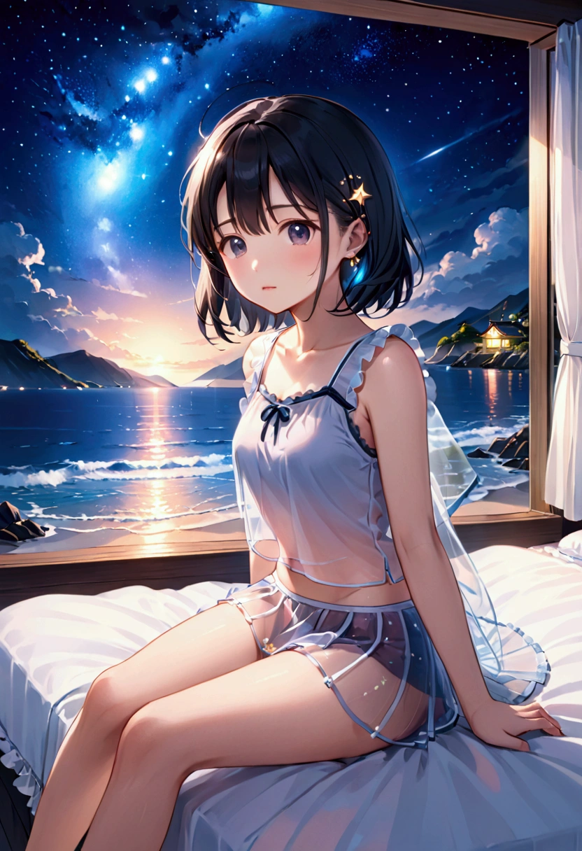 8k,Japanese,innocent face,age girl,cute, transparent summer clothes, transparent short skirts,sitting, legs open, panties, black hair,on the bed,coastline,hair clip,night view,starry sky