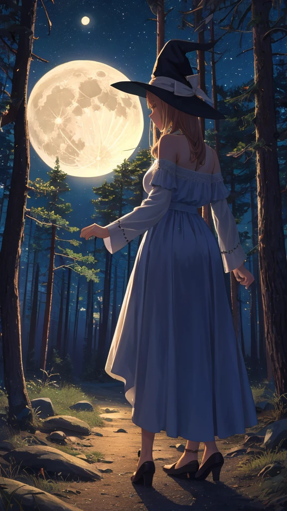 Pine forest at night, the full moon is rising, witch dancing