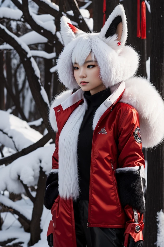 A humanoid female kitsune with white and red fur. He wears a black jacket and black pants. His fox ears stick out above his head., and his expression is serene and mysterious. Her figure is slim and athletic., and his tail is big and fluffy, with red tips