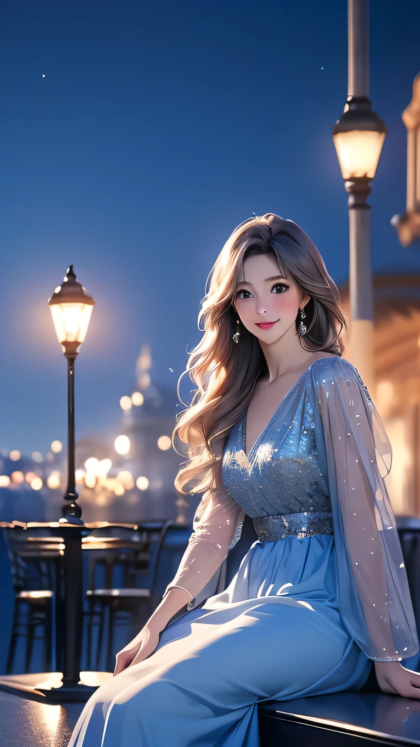 (8K, highest quality, masterpiece: 1.2), (realistic, photorealistic: 1.37), Super detailed, one girl, cute, alone, midnight, beautiful detailed sky, Detailed cafe, sitting, date, (blush), (smile: 1.15), small breasts (closed your mouth), beautiful small eyes, Floating hair NovaFrogStyle, open back dress, blue rose accessories, Blue roses background