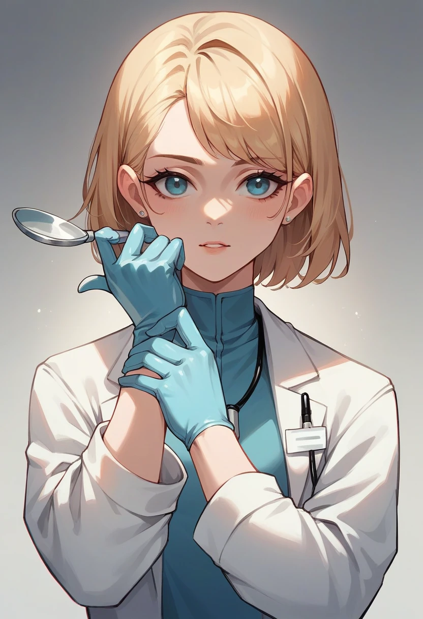 1 girl, bangss, ((blue surgical gloves)), ((surgical gloves)), ((latex gloves)), ((((long sleeves)))), ((white surgeon outfit)), looking ahead at viewer, ((doctor&#39;s white clothes)), standing, alone, nice legs