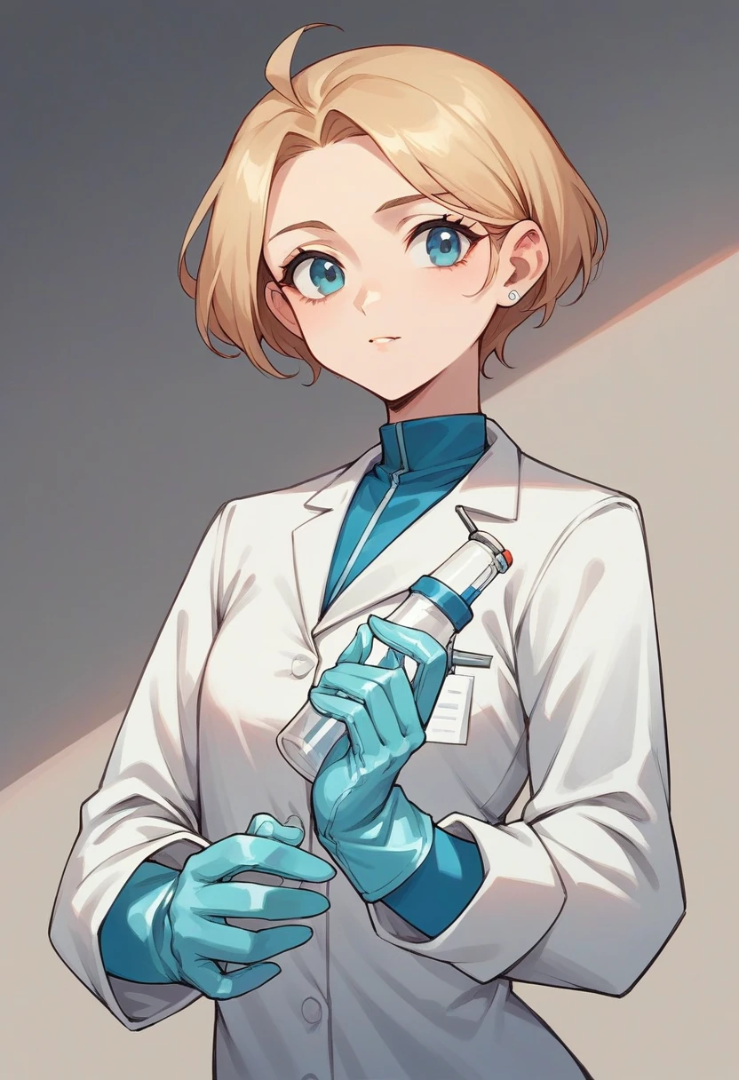 1 girl, bangss, ((blue surgical gloves)), ((surgical gloves)), ((latex gloves)), ((((long sleeves)))), ((white surgeon outfit)), looking ahead at viewer, ((doctor&#39;s white clothes)), standing, alone, nice legs