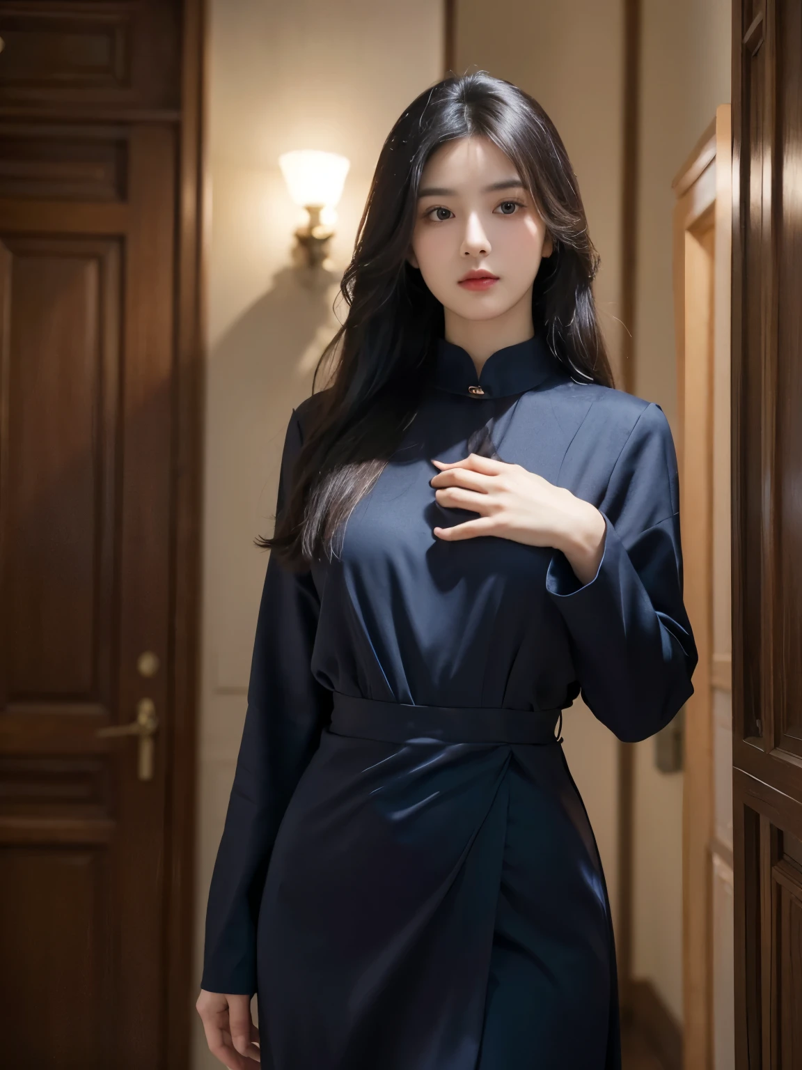she wears full gown, the room is navy blue color ,(best quality,4k,8k,highres,masterpiece,ultra-detailed), elegant portrait, beautiful detailed eyes, beautiful detailed lips, photography ,low lightning, portrait ,black hair, natural long hair, 28 years old, full dress, closed mouth, no teeth showing, real textured skin, body facing camera, showing hands, perfect hands, dark photo, far view, pakaian tertutup