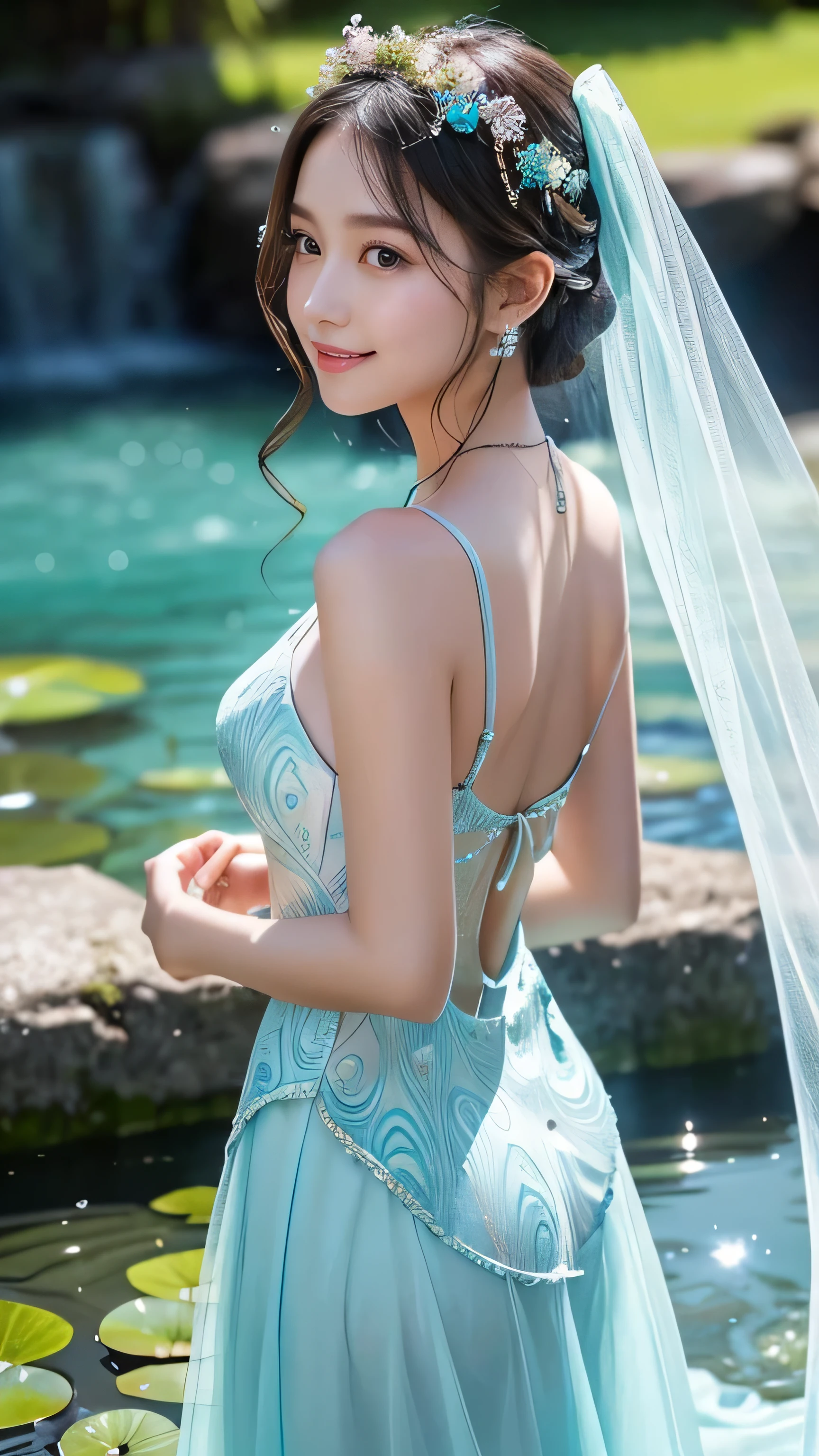 **Overall Appearance**: - **Hair**: Long, flowing hair in pastel blue and pink hues, adorned with cute, glowing water lilies and small, sparkling bubbles. The hair cascades down her back like a gentle waterfall, shimmering with an ethereal glow. - **Skin**: Translucent and luminous, with a smooth, glistening texture that reflects light like water. Her skin has delicate, ripple-like patterns and a soft, dewy appearance, enhancing her adorable and otherworldly beauty. - **Eyes**: Large, sparkling eyes in shades of bright blue and green, filled with a magical, inviting light. They are framed by long, fluttering lashes, adding to her enchanting and innocent charm. - **Face**: Cute and delicate, with round cheeks, a small nose, and light pink lips that curve into a sweet, endearing smile. Her expression is always cheerful and playful, exuding a sense of youthful magic. - **Body**: and slender, with a fluid, graceful build. Her lower body transitions seamlessly into a flowing, water-like form, merging with the lake beneath her. Her limbs are adorned with faint, glowing patterns that pulse with a soft, magical energy. - **Dress**: A cute, frilly dress made of water and mist, adorned with shimmering patterns that resemble waves and aquatic plants. The dress flows and changes shape like water, adding to her adorable and mystical appearance. She also wears delicate jewelry made of pearls and seashells. - **Accessories**: Hair adorned with cute water plants and tiny, glowing creatures. She wears a delicate, misty veil that floats around her, adding to her ethereal presence. Her jewelry includes pearl necklaces and bracelets that glisten in the light. - **Aura**: A soft, glowing aura surrounds her, pulsing gently like the rhythm of the tides. This aura enhances her mystical and adorable appearance, creating an atmosphere of magical wonder and cuteness. - **Expression**: Cheerful and playful, with a sweet, endearing smile. Her demeanor is friendly and lively, capturing th