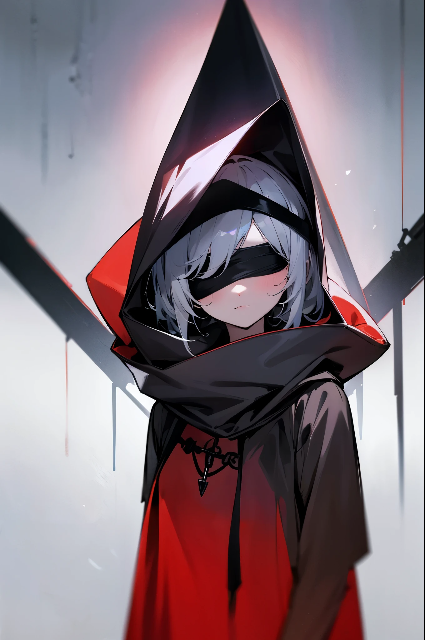 1mysterious girl, wearing a hood and a black blindfold covering eye, wearing the clothes of a Dark priestest