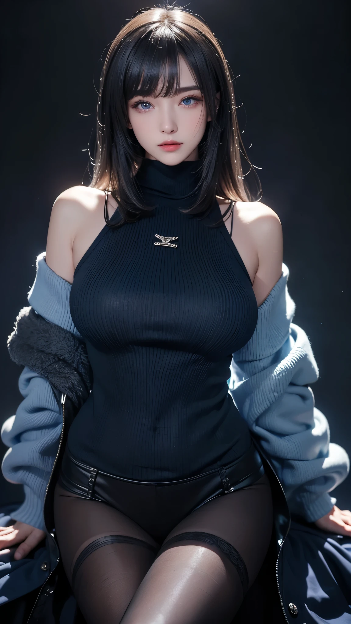 masterpiece, best quality, Very detailed, Facing the camera, 複雑に詳細なVery detailed, Practical, Distinctive features, Very detailed, Clear focus, Perfect face, Perfect face, Perfect eyes with perfect symmetry, Perfect plump lips, Flexible female form, Movie, lamp, Very detailed, hyper Practical, masterpiece, atmosphere, high resolution, Energetic, 动态工作室lamp光, ((Dark background)), Endure the expression of happiness, Straight bangs, blue eyes,Black Sweater, Cowboy shooting,turtleneck sweaterst round、Expression of sexual arousal