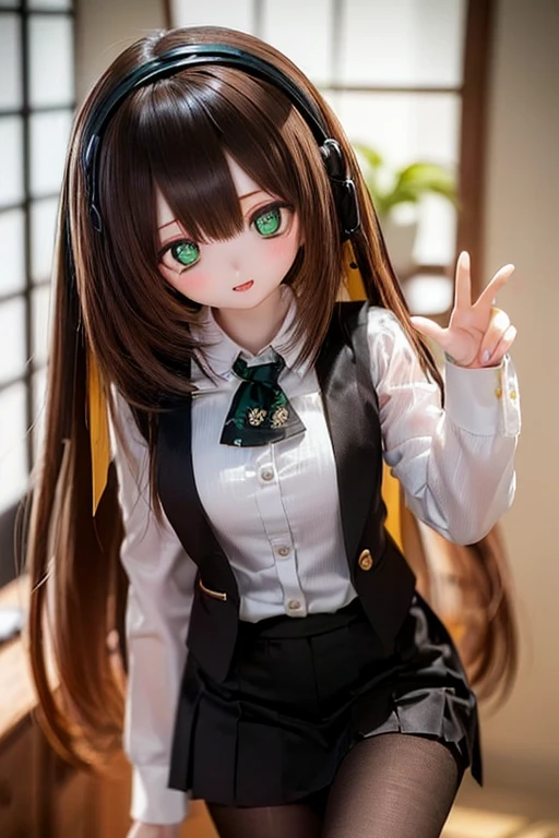 (SFW:2), photorealistic, realistic photo, 8k, ((highest quality)), ((masterpiece)), (extremely detailed), kukolnydom, doll, (mature woman, 21yo, 21 years old, solo:1.6), ((cowboy shot, head tilt, waving, slim, slender, skinny, medium breasts, hairband, ascot, vest, blouse, long puff sleeves, pleated skirt, black pantyhose)), (green eyes, brown hair, long hair, plastic skin, looking at another, glass eyes, gradient eyes, shining eyes, detailed eyes:1.3)