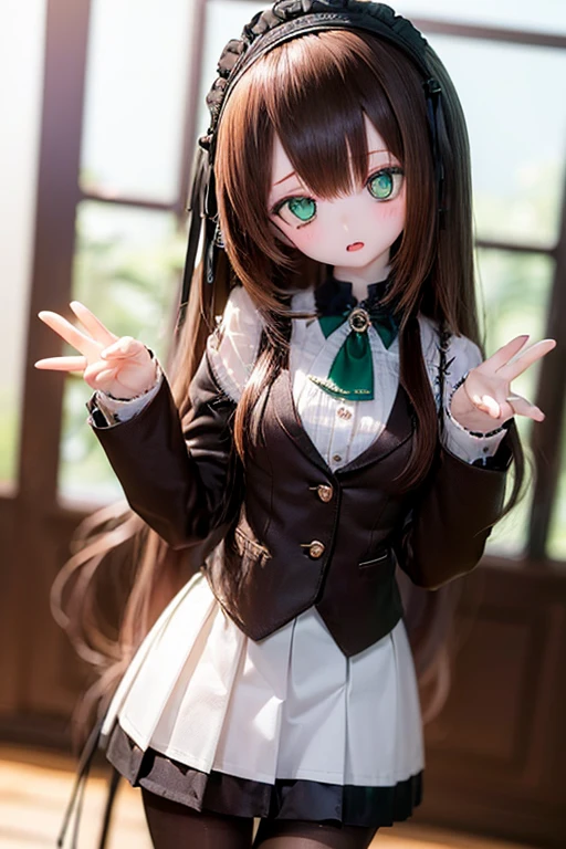 (SFW:2), photorealistic, realistic photo, 8k, ((highest quality)), ((masterpiece)), (extremely detailed), kukolnydom, doll, (mature woman, 21yo, 21 years old, solo:1.6), ((cowboy shot, head tilt, waving, slim, slender, skinny, medium breasts, hairband, ascot, vest, blouse, long puff sleeves, pleated skirt, black pantyhose)), (green eyes, brown hair, long hair, plastic skin, looking at another, glass eyes, gradient eyes, shining eyes, detailed eyes:1.3)