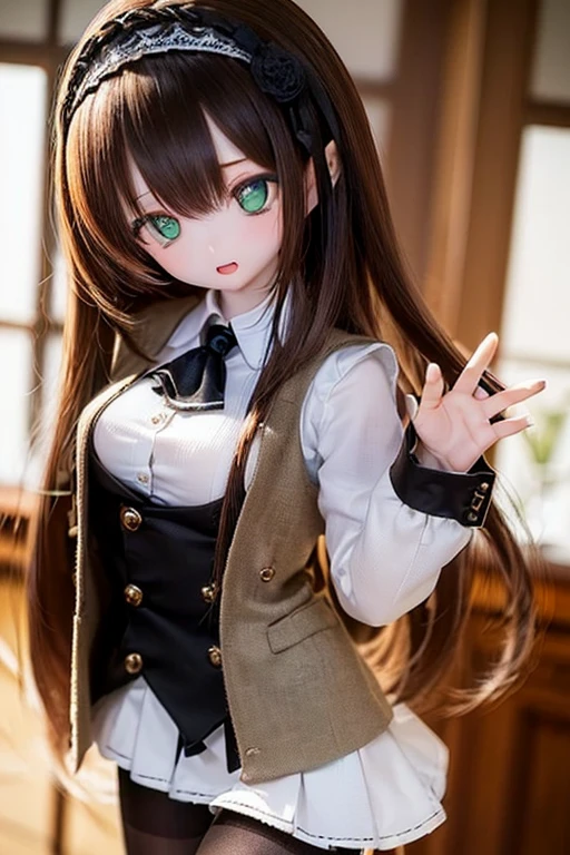 (SFW:2), photorealistic, realistic photo, 8k, ((highest quality)), ((masterpiece)), (extremely detailed), kukolnydom, doll, (mature woman, 21yo, 21 years old, solo:1.6), ((cowboy shot, head tilt, waving, slim, slender, skinny, medium breasts, hairband, ascot, vest, blouse, long puff sleeves, pleated skirt, black pantyhose)), (green eyes, brown hair, long hair, plastic skin, looking at another, glass eyes, gradient eyes, shining eyes, detailed eyes:1.3)