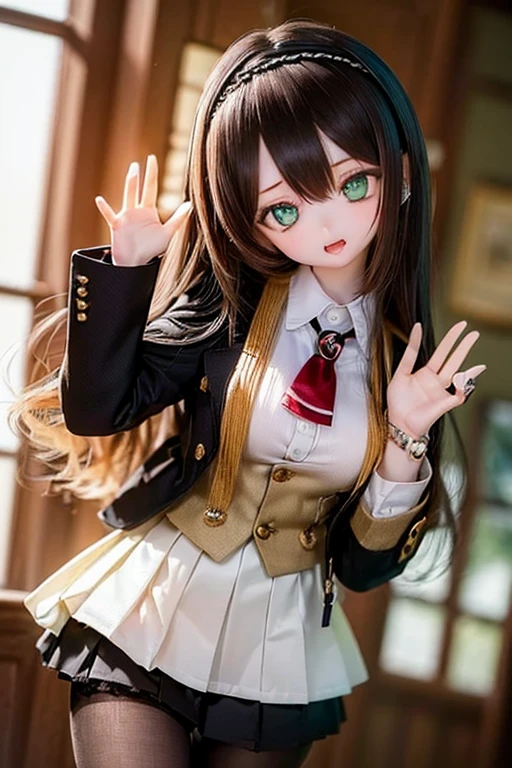 (SFW:2), photorealistic, realistic photo, 8k, ((highest quality)), ((masterpiece)), (extremely detailed), kukolnydom, doll, (mature woman, 21yo, 21 years old, solo:1.6), ((cowboy shot, head tilt, waving, slim, slender, skinny, medium breasts, hairband, ascot, vest, blouse, long puff sleeves, pleated skirt, black pantyhose)), (green eyes, brown hair, long hair, plastic skin, looking at another, glass eyes, gradient eyes, shining eyes, detailed eyes:1.3)