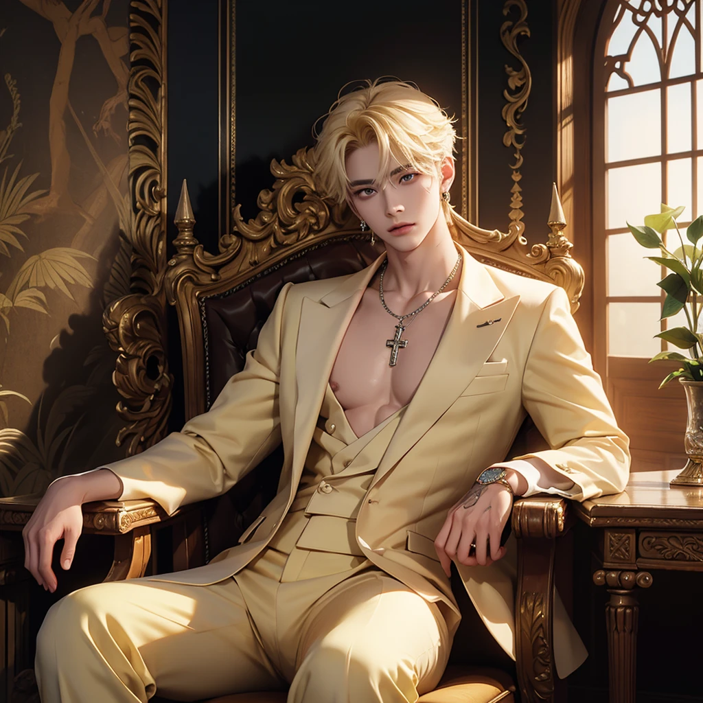 light yellow hair, there is a man sitting on a king throne cross legs in a castle, sakimichan, cai xukun, inspired by Zhang Han, handsome anime pose, sakimichan frank franzzeta, delicate androgynous prince, beautiful androgynous prince, inspired by Yanjun Cheng, anime handsome man, (sfw) safe for work, black suit, tattoo's