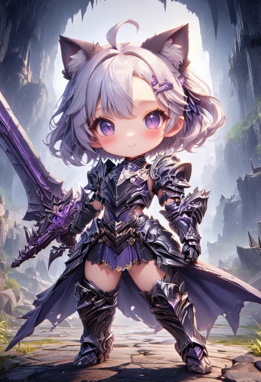 master piece, best quality, ultra-detailed, illustration, 1girl, solo, chibi, (big head), cute pose, front view, looking at viewer, ((full body Close up)), Filiansailor, (purple hairclip:1.5), (hair bell:1.4), white hair, short hair, cat ears, ahoge, purple eyes, blush, smiling, fluffy tail, black knight armor, metal breastplate, black gauntlet, armored skirt, metal greaves, armored boots, (holding greatsword:1.5)battlefield background, gloomy atmosphere, broken castle, broken walls, broken windows