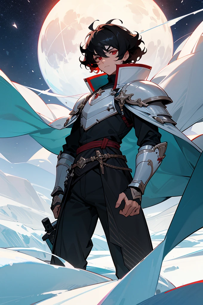 Young man, attractive and manly, short, curly black hair with bright white highlights on the bangs, Red eyes, expressive and fierce. handsome, a small scar on the left eye, Wears white warrior armor without helmet, and a long sharp sword, standing on a glacier of ice, condo a glass castle, a white full moon and many stars