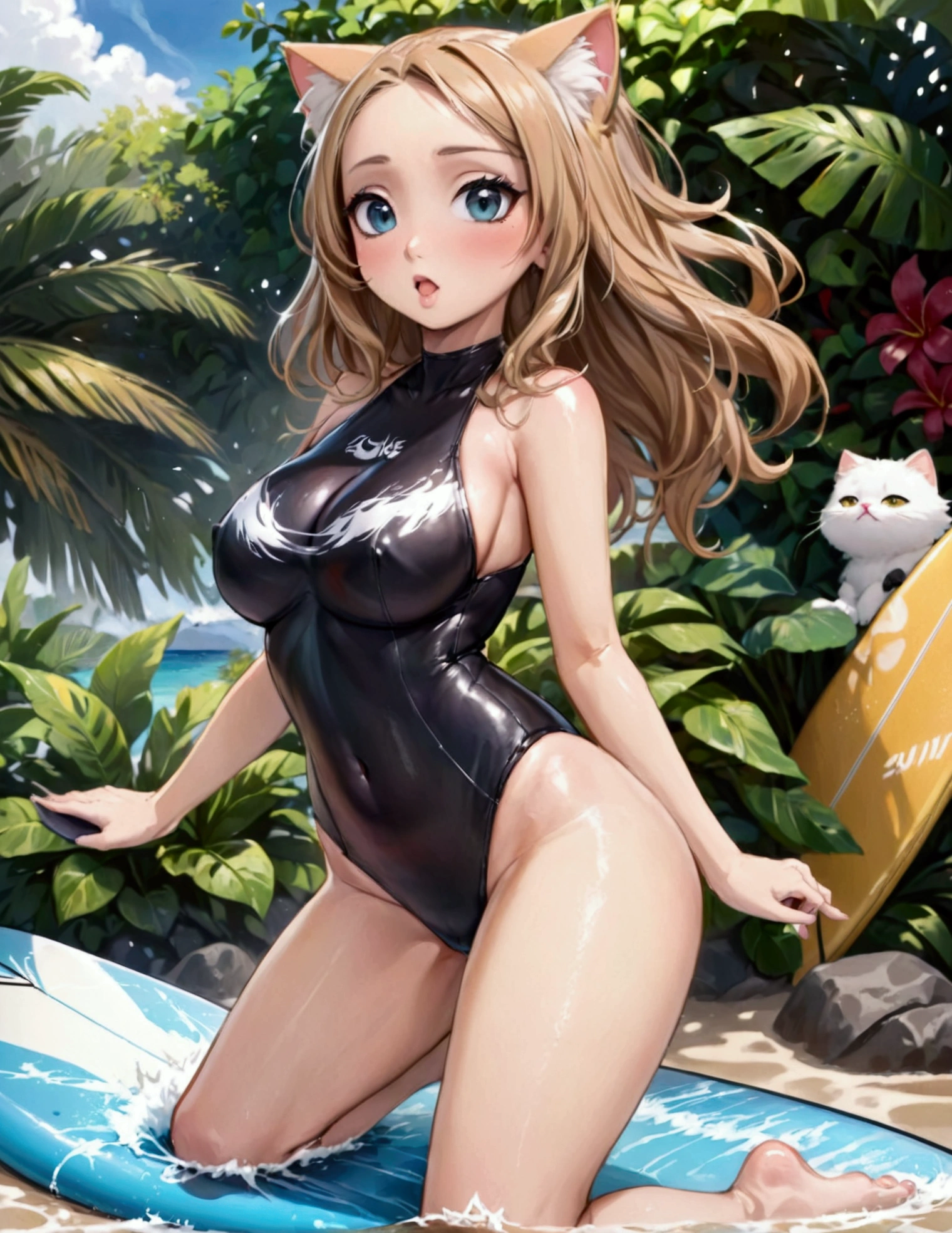 (cute woman, age 20, is an adorable sexy cat woman, big eyes, cute swimsuit, fluffy tail), she is surfing on small waves, super cute, so excited, show her from head to toe, hawaii
