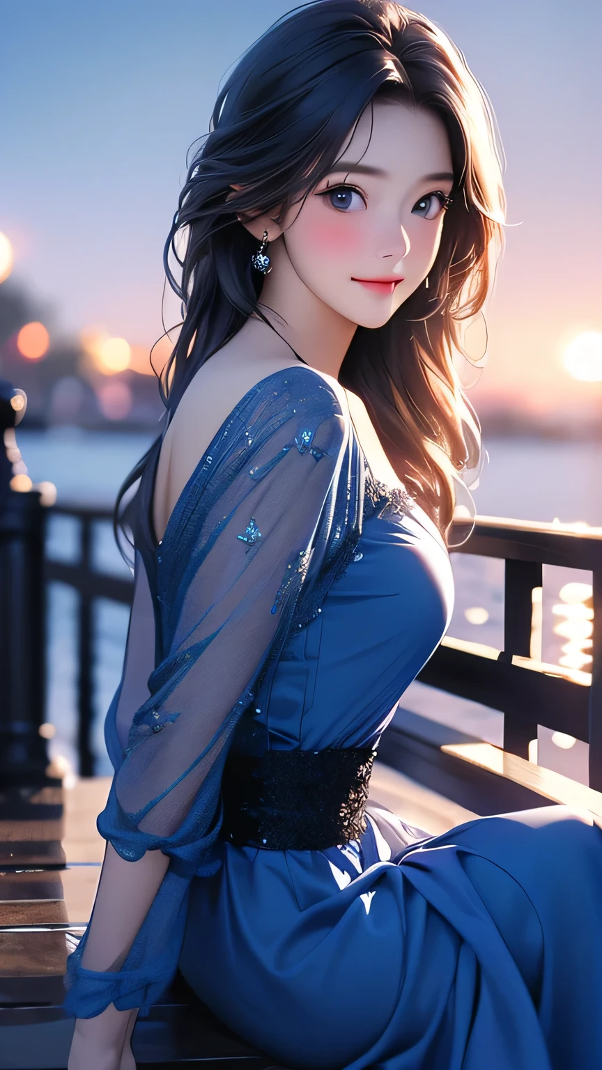 (8K, highest quality, masterpiece: 1.2), (realistic, photorealistic: 1.37), Super detailed, one girl, cute, alone, midnight, beautiful detailed sky, Detailed cafe, sitting, date, (blush), (smile: 1.15), small breasts (closed your mouth), beautiful small eyes, Floating hair NovaFrogStyle, open back dress, blue rose accessories, Blue roses background