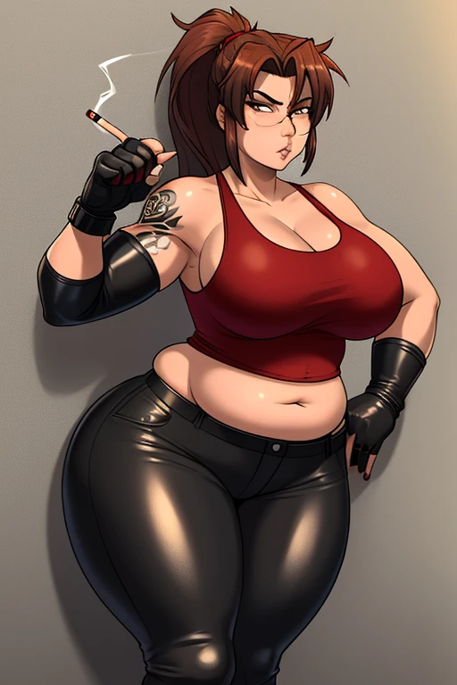 (masterpiece, highest quality:1.2), solo, 1girl, imagine Revy as a plus size milf, 45-year-old, mature woman, covered in tattoo's, plump, chubby figure, round belly, beer gut, love handles, expressionless, looking at viewer, ponytail, (Wearing: red tank top, fingerless gloves, black leather pants), holding a cigarette, city street, standing, leaning up against a wall
