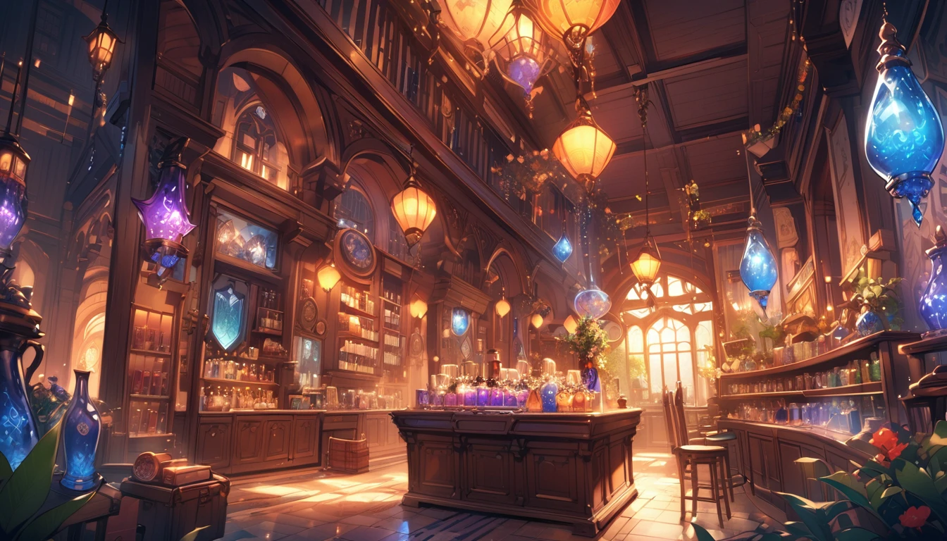 Potion Shop、A large flask filled with magical liquid、magic object、Mysterious atmosphere、Warm lighting、Detailed fantasy art、Very detailed、Bright colors、Fantasy Setting、Whimsical and fantastical。
