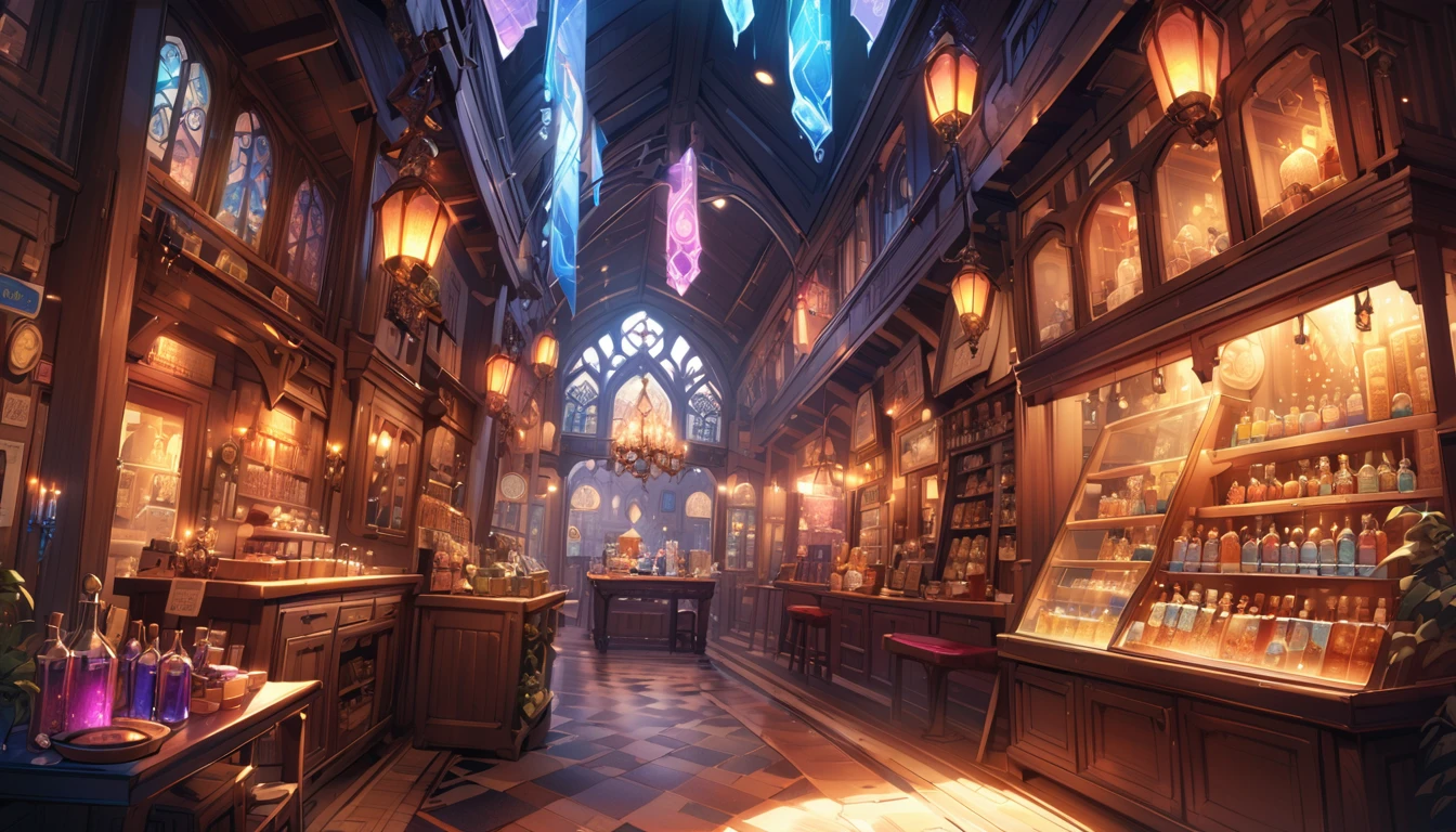 Potion Shop、A large flask filled with magical liquid、magic object、Mysterious atmosphere、Warm lighting、Detailed fantasy art、Very detailed、Bright colors、Fantasy Setting、Whimsical and fantastical。