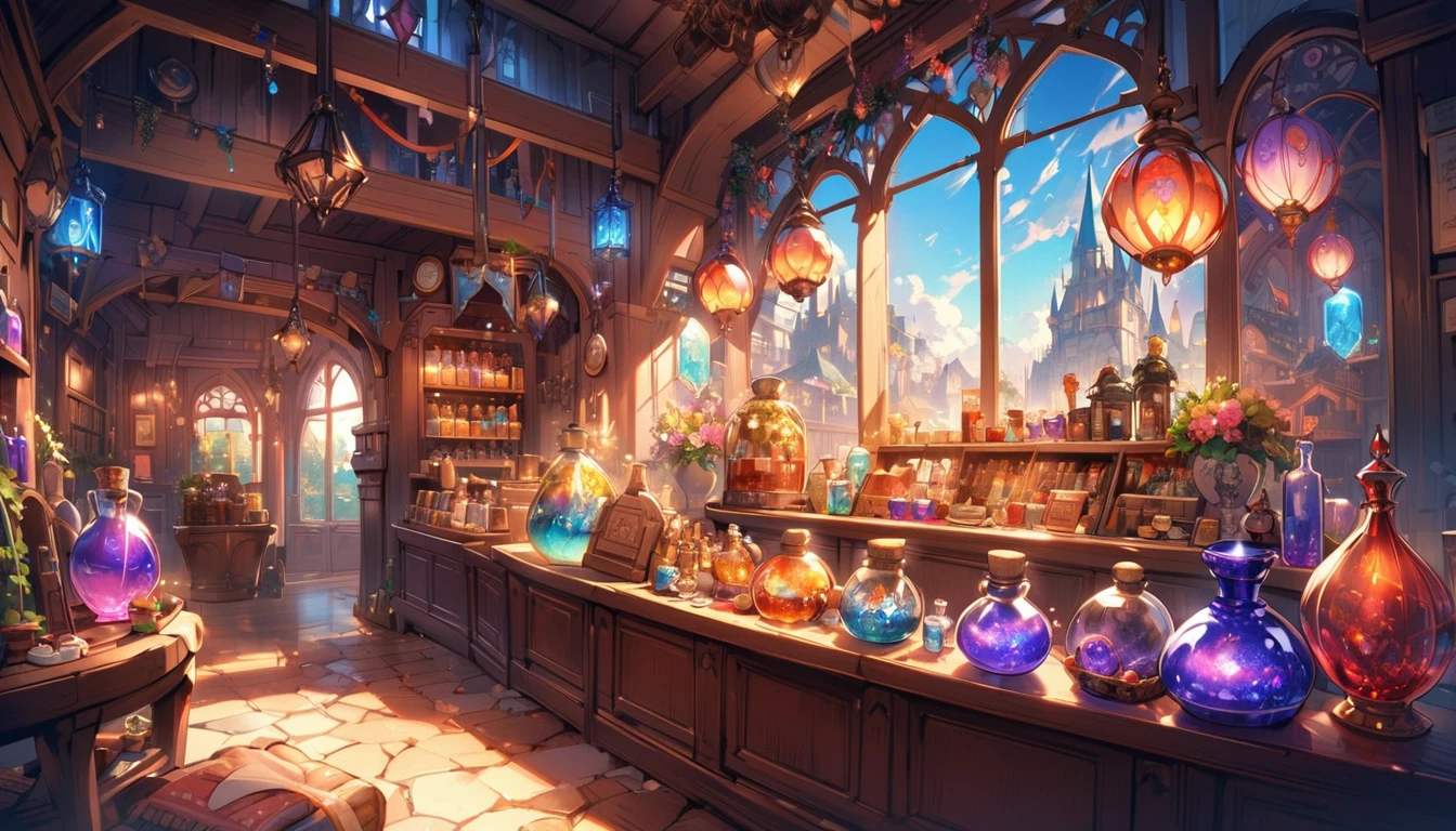Potion Shop、A large flask filled with magical liquid、magic object、Mysterious atmosphere、Warm lighting、Detailed fantasy art、Very detailed、Bright colors、Fantasy Setting、Whimsical and fantastical。 