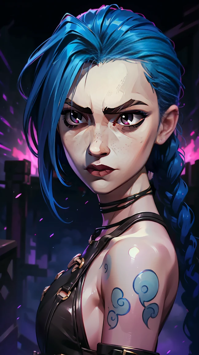 (masterpiece, Best quality), 1 girl, portrait very detailed face, very sexy, full length (full body 1.1.), crazy look, smile, tears, (tears на щеках), glowing pink eyes, feminine, darkness, beautiful waist, gloomy composition, very beautiful, long hair, hair braided in long braids, very sexy, tight leather pants, emphasis on the eyes, emphasis on the face, hands, Косаed ponytail, glowing pink eyes, Jinx is crying, Blue cloud tattoo, (masterpiece, Best quality), Side lighting, beautiful detailed eyes, crazy face), (Best quality), (masterpiece), magic photography, Spectacular lighting, photorealism, ultra detailed, intimate portrait composition, 1. 4,8 K UHD, aesthetic, CD., a high resolution, 8 K, Better lighting, Best shade, Ultra-HD, a high resolution, Sharp Focus, complex background, cinematic lighting, ((Landscape view)), 4K block, (Better lighting), ((cinematic lighting)),
