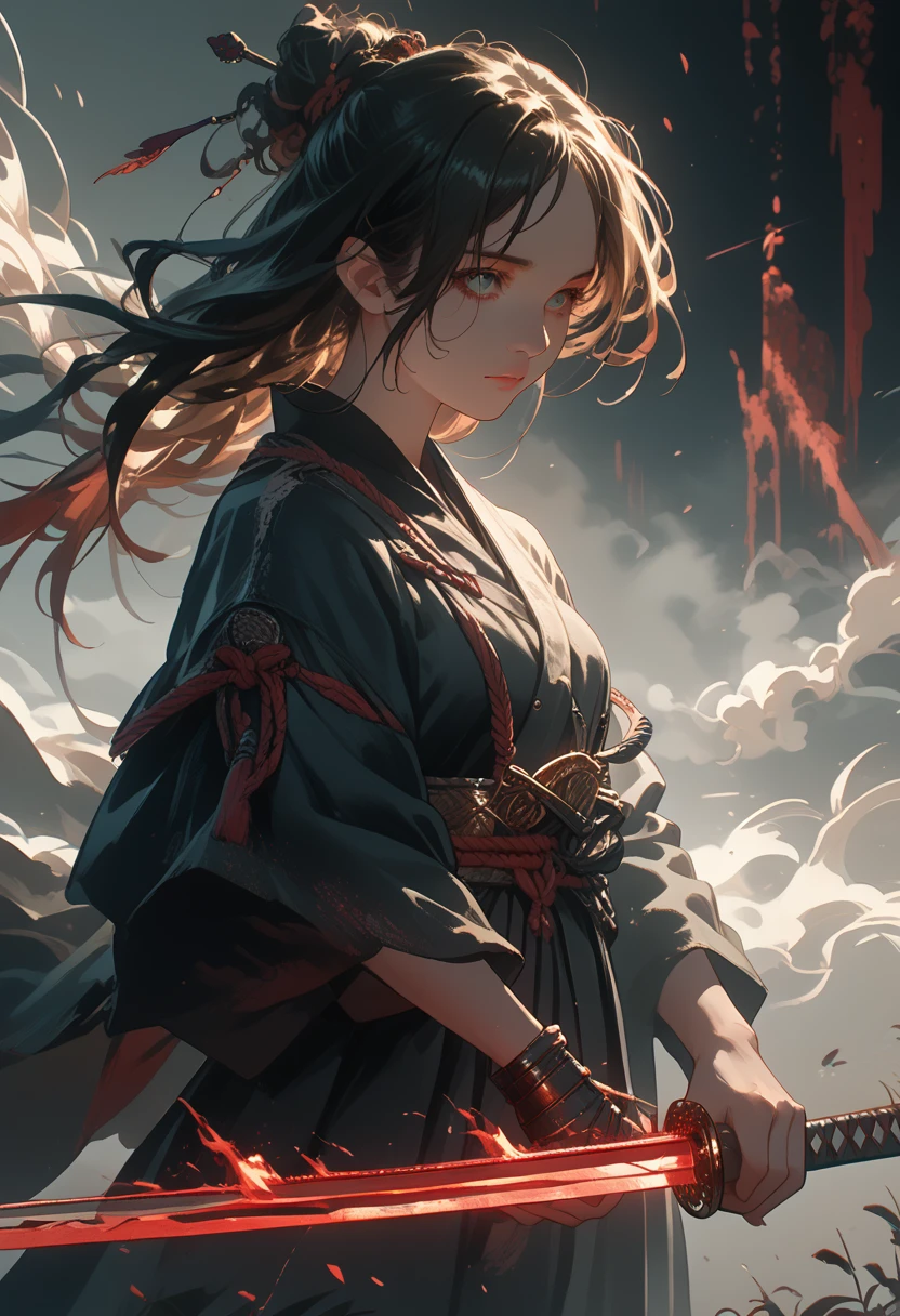 anime girl,with a katana in hand,bright colors,maximum details,long hair,fluttering in the wind,dark atmosphere,Feel the Power,Image of the Ancient Warrior,Beautiful Appearance,ultra detail,top quality,8k wallpaper