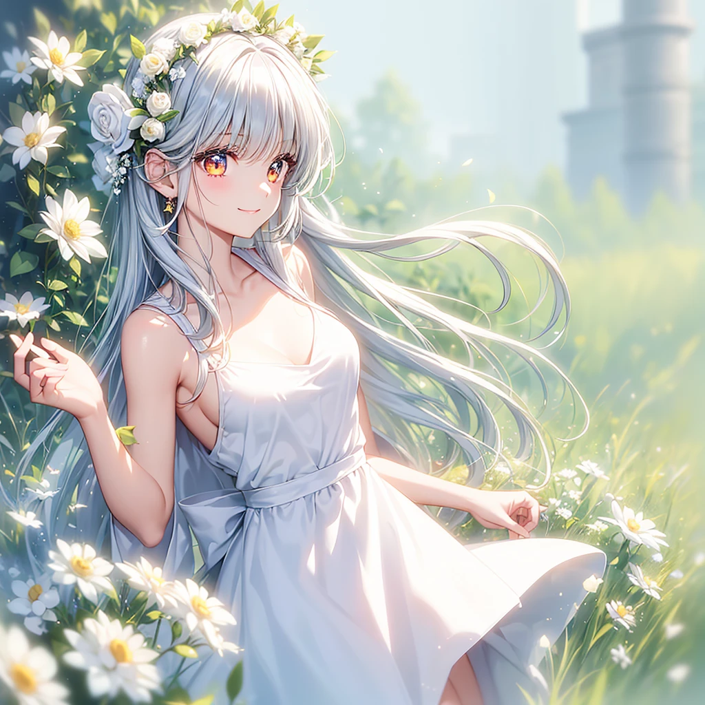 beautiful girl with long white hair and golden eyes smiling sweetly in a white dress and a flower crown on her head