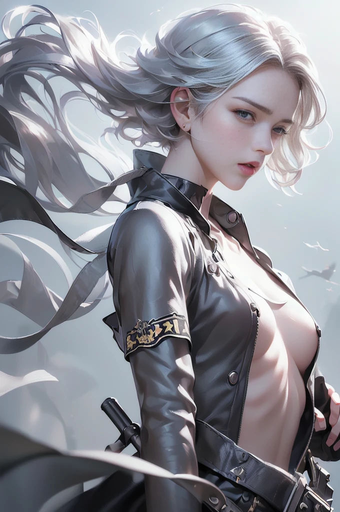 (masterpiece, best quality,ultra detailed,realistic,dutch angle).(1 girl, solo focus),(small , short hair, silver hair, cute face:1.5),(army uniform, open front, cleavaged abdomen, heavy armed girl, assault rifle, olver, survival knife),(floating hair, wind).(outdoors, conflict zone, smoke, dust)