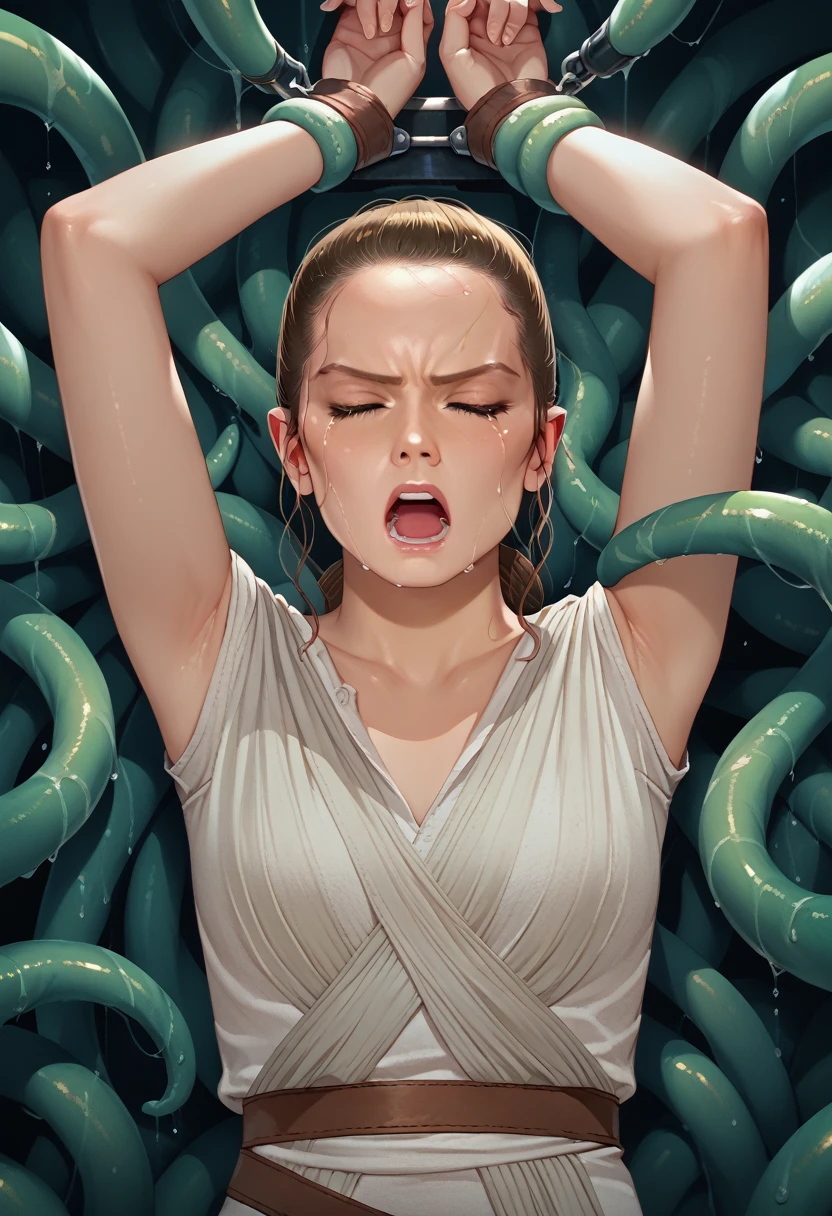 score_9, score_8_up, score_7_up, score_6_up, 1girl, rey skywalker, open mouth, green alien, tentacle, huge alien bondage, restrained, arms up, hands tied up, clothes, tear up, angry look, closed eyes,