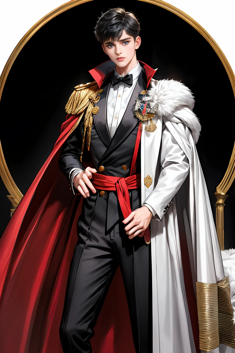 
masterpiece, 最high quality, high quality, 1 boy, alone, Male focus, Watching the audience,  Messy black hair, Adorable big blue eyes, White, Noble, Noble,A sexy, voluminous, puffy cape、tuxedo、A very voluminous, large, very large, very large, long, long red and black cape with a high stand-up collar, made of a lot of fabric that reaches down to the floor., ,Cute beautiful boys,Cute, cute, kind, handsome guy