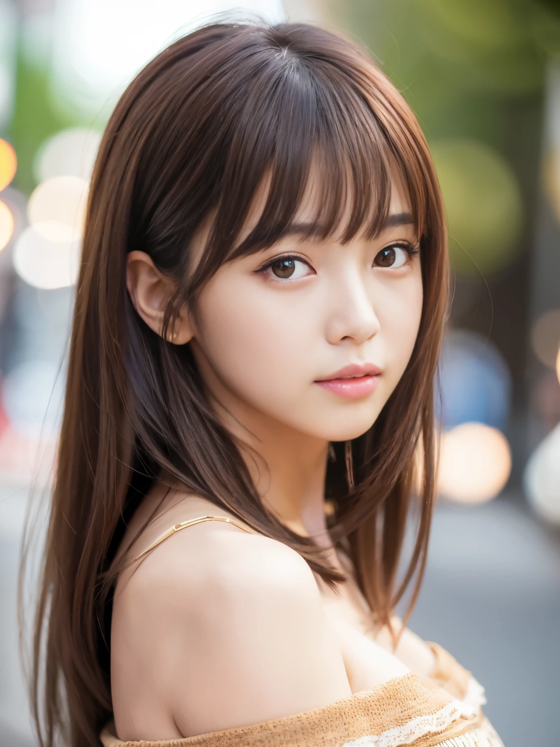 Ultra High Definition, Superior Quality, Premier Quality, ultra detailed, Photorealistic, 8k, RAW Photos, highest quality, masterpiece, Attractive girl, Stunning girl, Brown Hair, Shoulder Length Layered, asymmetrical bangs, Japanese Idol, Sophisticated, Stylish, Off-shoulder top, Shibuya,