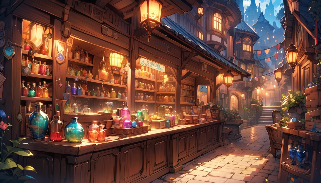 Potion Shop、A large flask filled with magical liquid、magic object、Mysterious atmosphere、Warm lighting、Detailed fantasy art、Very detailed、Bright colors、Fantasy Setting、Whimsical and fantastical。 
