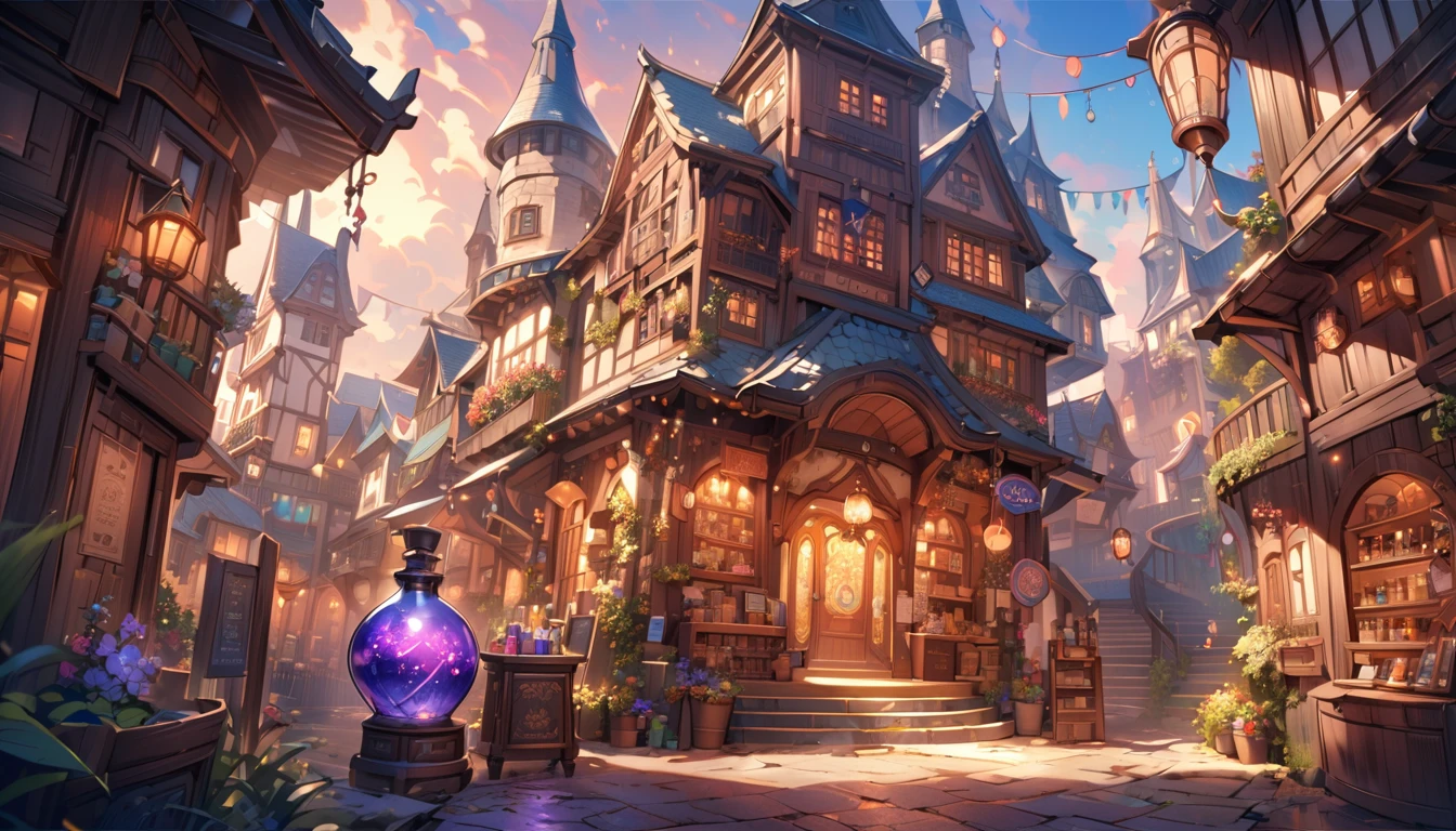 Potion Shop、A large flask filled with magical liquid、magic object、Mysterious atmosphere、Warm lighting、Detailed fantasy art、Very detailed、Bright colors、Fantasy Setting、Whimsical and fantastical。 