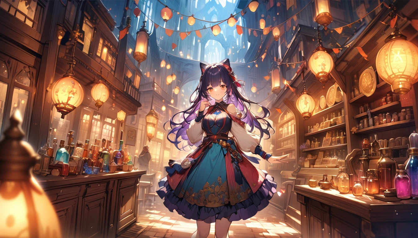 Potion Shop、A large flask filled with magical liquid、magic object、Mysterious atmosphere、Warm lighting、Detailed fantasy art、Very detailed、Bright colors、Fantasy Setting、Whimsical and fantastical。