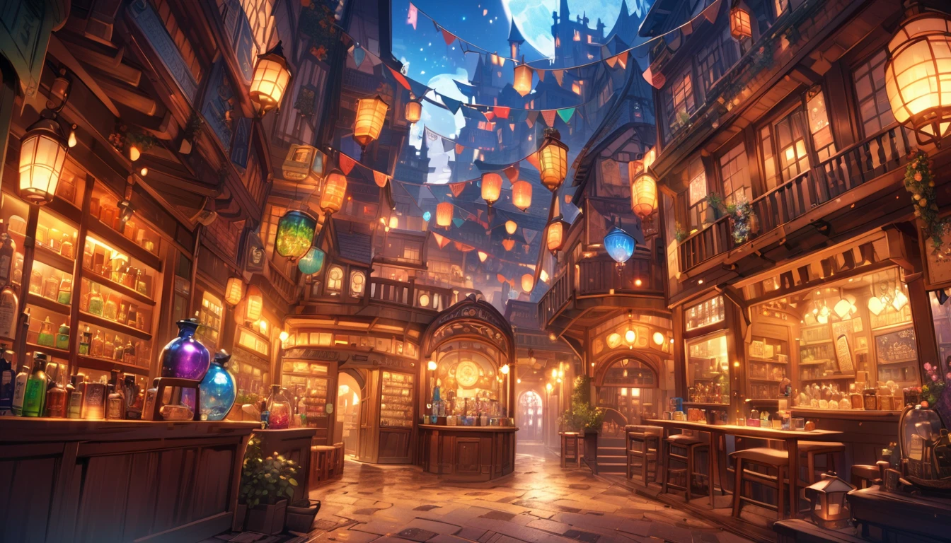 Potion Shop、A large flask filled with magical liquid、magic object、Mysterious atmosphere、Warm lighting、Detailed fantasy art、Very detailed、Bright colors、Fantasy Setting、Whimsical and fantastical。 