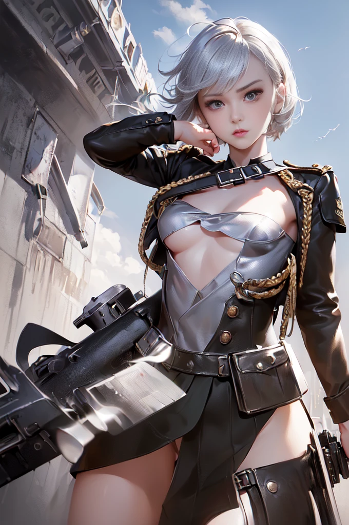 (masterpiece, best quality,ultra detailed,realistic,dutch angle).(1 girl, solo focus),(small breasts, short hair, silver hair, cute face:1.5),(army uniform, open front, cleavage, Exposed abdomen, heavy armed girl, assault rifle, revolver, survival knife),(floating hair, wind).(outdoors, conflict zone, smoke, dust)