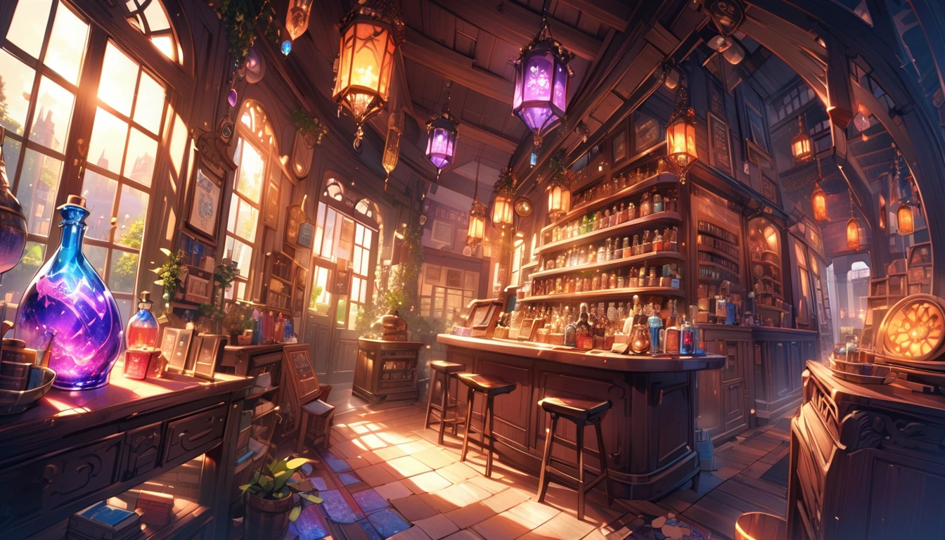 Potion Shop、A large flask filled with magical liquid、magic object、Mysterious atmosphere、Warm lighting、Detailed fantasy art、Very detailed、Bright colors、Fantasy Setting、Whimsical and fantastical。