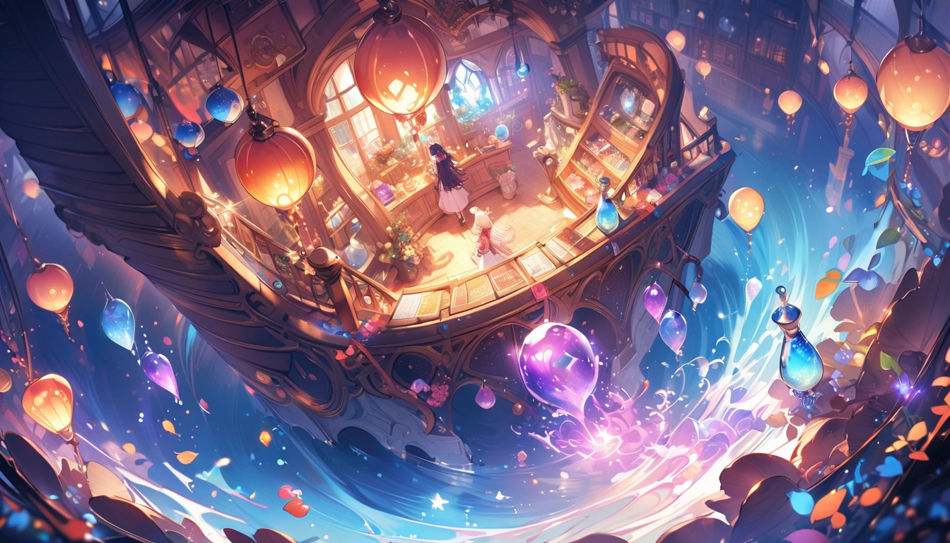 Potion Shop、A large flask filled with magical liquid、magic object、Mysterious atmosphere、Warm lighting、Detailed fantasy art、Very detailed、Bright colors、Fantasy Setting、Whimsical and fantastical。 