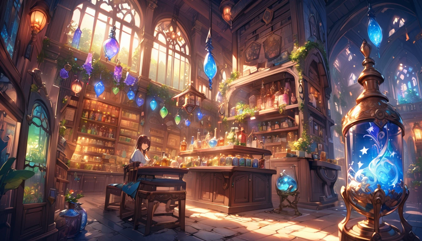 Potion Shop、A large flask filled with magical liquid、magic object、Mysterious atmosphere、Warm lighting、Detailed fantasy art、Very detailed、Bright colors、Fantasy Setting、Whimsical and fantastical。