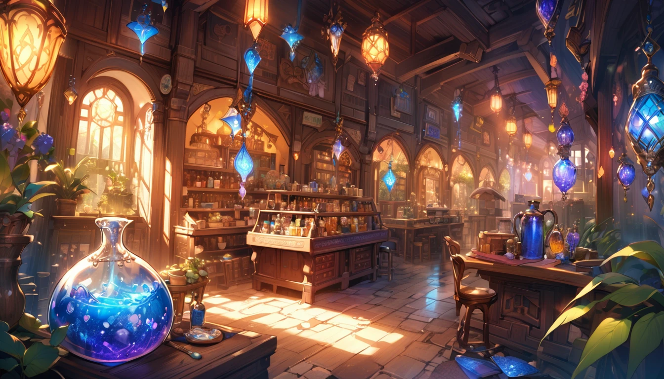 Potion Shop、A large flask filled with magical liquid、magic object、Mysterious atmosphere、Warm lighting、Detailed fantasy art、Very detailed、Bright colors、Fantasy Setting、Whimsical and fantastical。