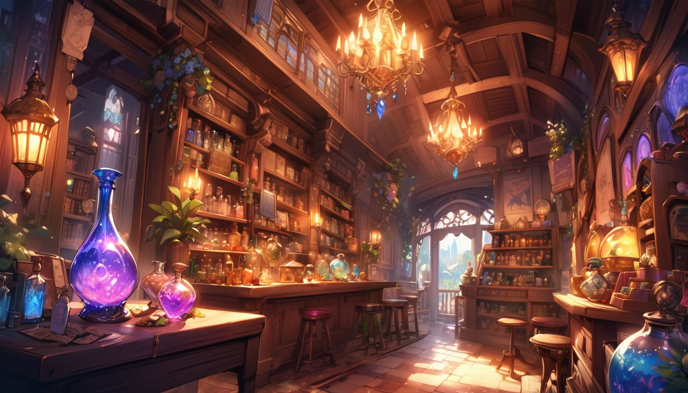 Potion Shop、A large flask filled with magical liquid、magic object、Mysterious atmosphere、Warm lighting、Detailed fantasy art、Very detailed、Bright colors、Fantasy Setting、Whimsical and fantastical。