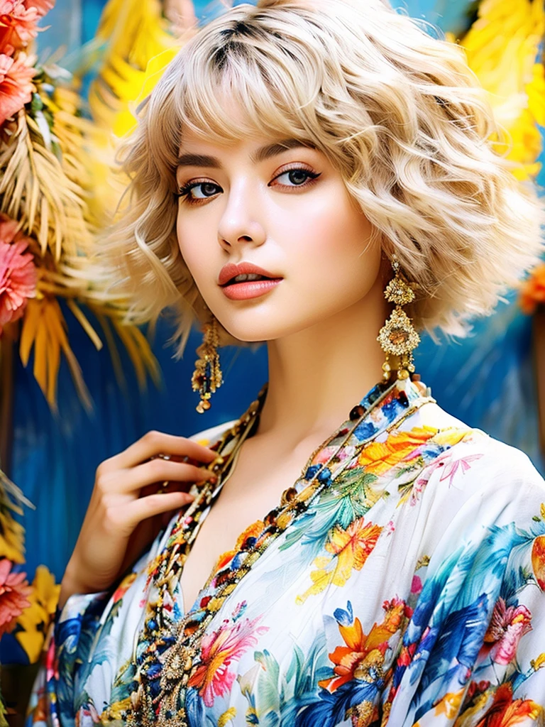 A high-resolution, high-definition, low-angle photograph viewed through a mass of flowers. Create an image with a gentle and serene feeling, focusing on a beautiful 20-year-old woman with long blonde hair standing in a sunlit meadow filled with blooming wildflowers. She is wearing a flowing, bohemian-style outfit with beautiful, colorful patterns and harem pants. Her arms are raised above her head, which is tilted back slightly with her eyes closed, as if she is feeling the warm breeze and connecting with nature. The sky above is bright blue with white clouds drifting by, and flower petals are gently floating in the air around her, adding a magical touch to the image. The masterpiece should have skitomically accurate and very sharp textures, with precise light and shadow.