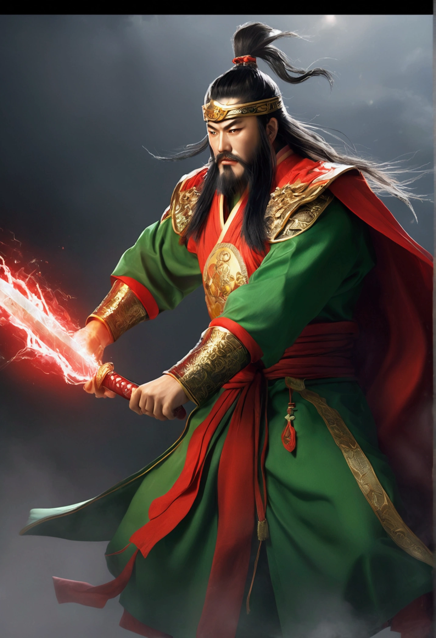 Guan Yu rode a red horse，Wearing a green robe，Wielding the Seki knife，character splash art，Lightning is all around。