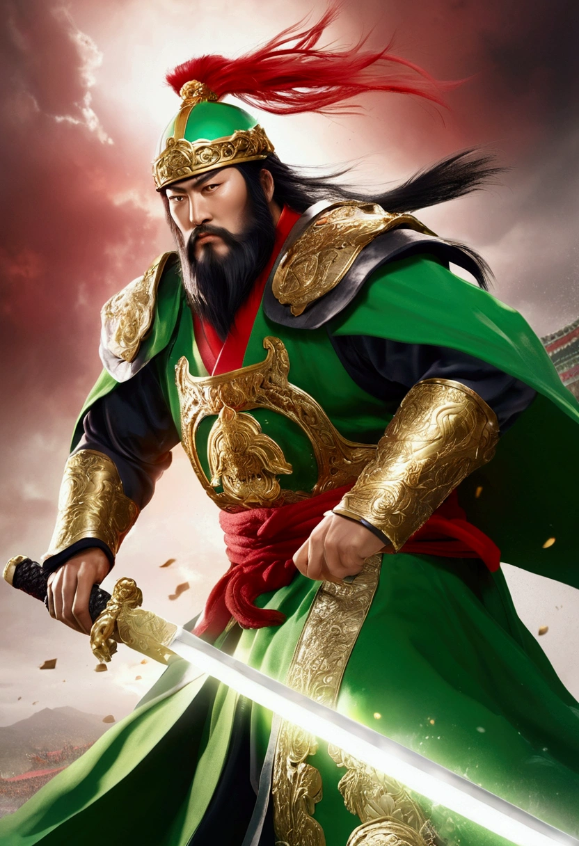 Guan Yu rode a red horse，Wearing a green robe，Wielding the Seki knife，character splash art，Lightning is all around。